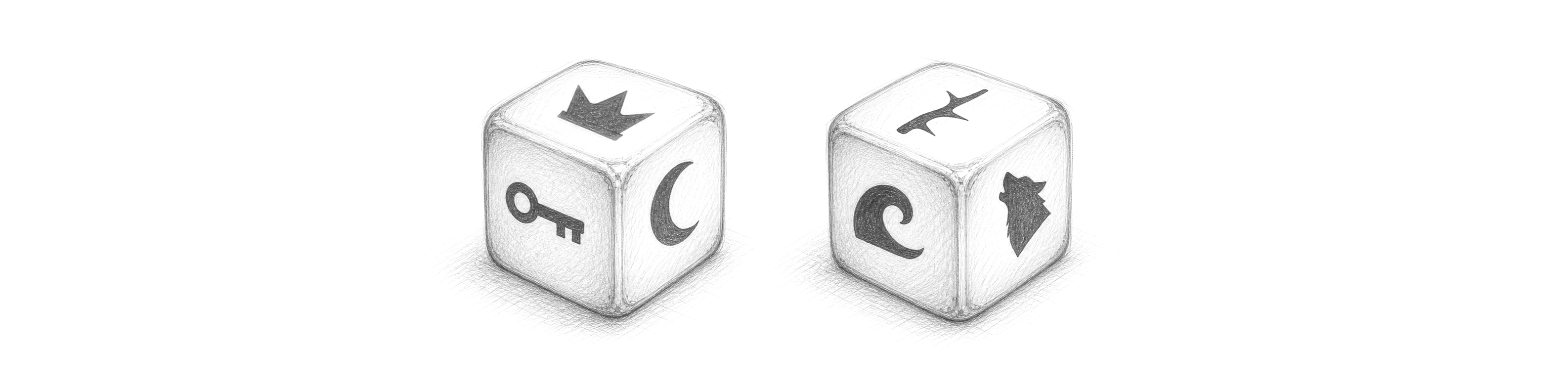 Two pencil-drawn cubes bearing the Crown, Key, Moon, Thorn, Wave, and Wolf Fate Marks.